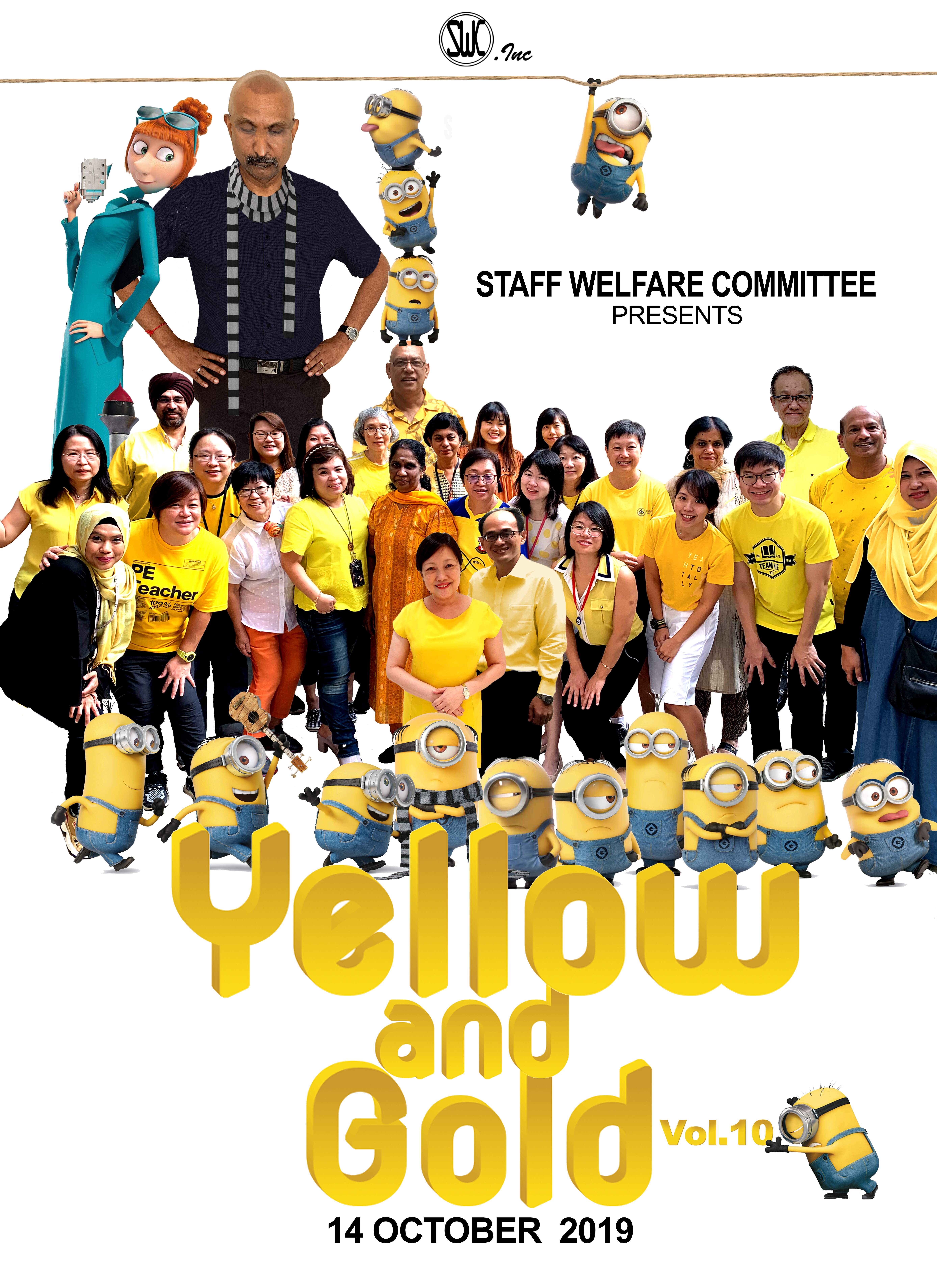 Staff and minions in yellow and gold overlooked by a tall dark man